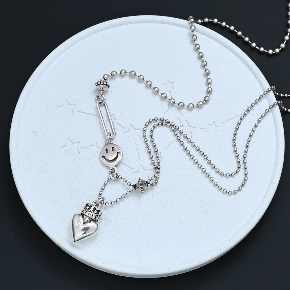 Hip Hop Retro Heart Crown Necklace for Women Luxury Minimalist Cold Style Personality Happy Face Clavicle Chain Fashion Statemen