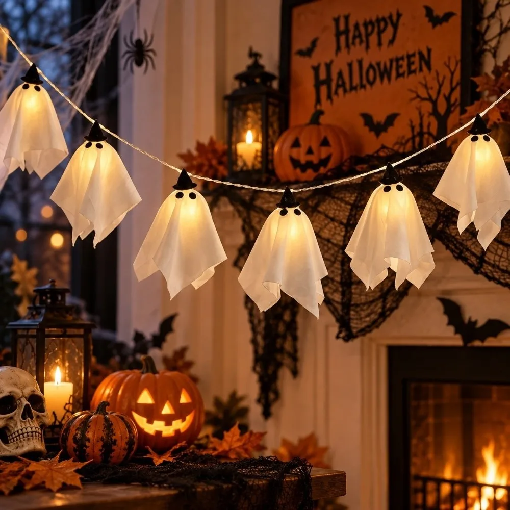 Warm White Halloween String Lights Spooky Funny Decorative Lamp Lights Soft Glowing Ghost Light String Halloween Courtyard