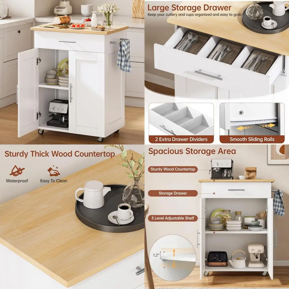 

Rolling Kitchen Island Cart with Large Storage Drawer, Adjustable Shelf, Towel Rack for Small Spaces