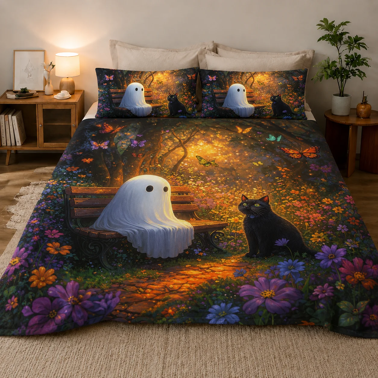 Cute Ghost Flannel Blanket 3 Piece Set with 2 Pillow Covers, Black Cat Butterfly Floral Garden Halloween Throw Blanket for Bed Sofa Couch Bedroom Home Decor, No Pillow Inserts