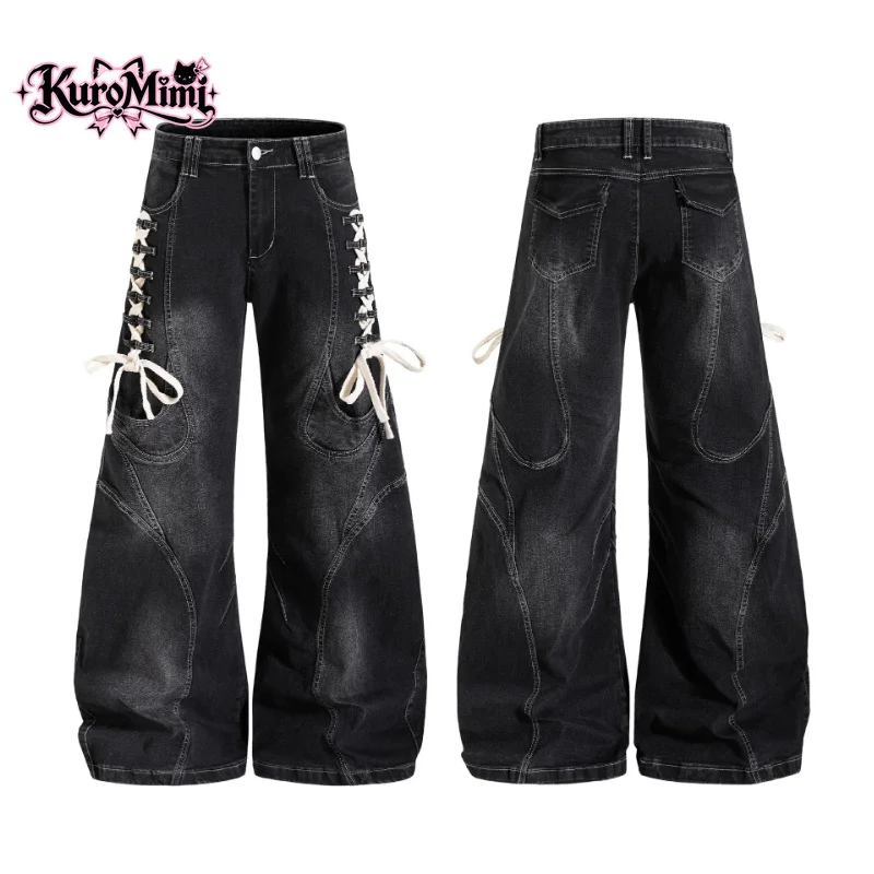 Y2K Vintage Streetwear Side Lace Up Curved Hem Wide Leg Unisex Jeans Distressed Washed Loose Fit Baggy Denim Pants Casual Outfit