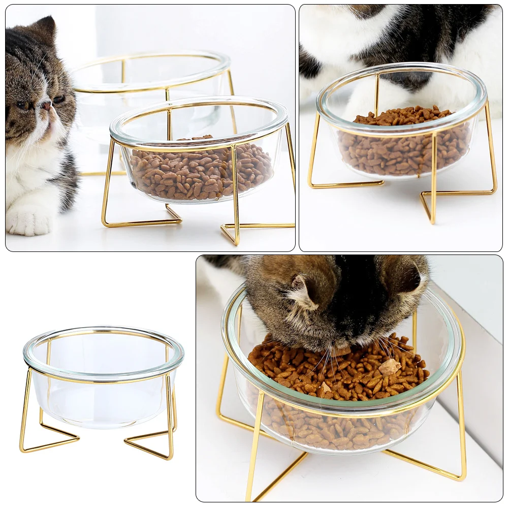 Glass Pet Bowl Comfortable Practical Feeder Supply Food Container Metal Cat Dog High Base Feeding Iron Golden