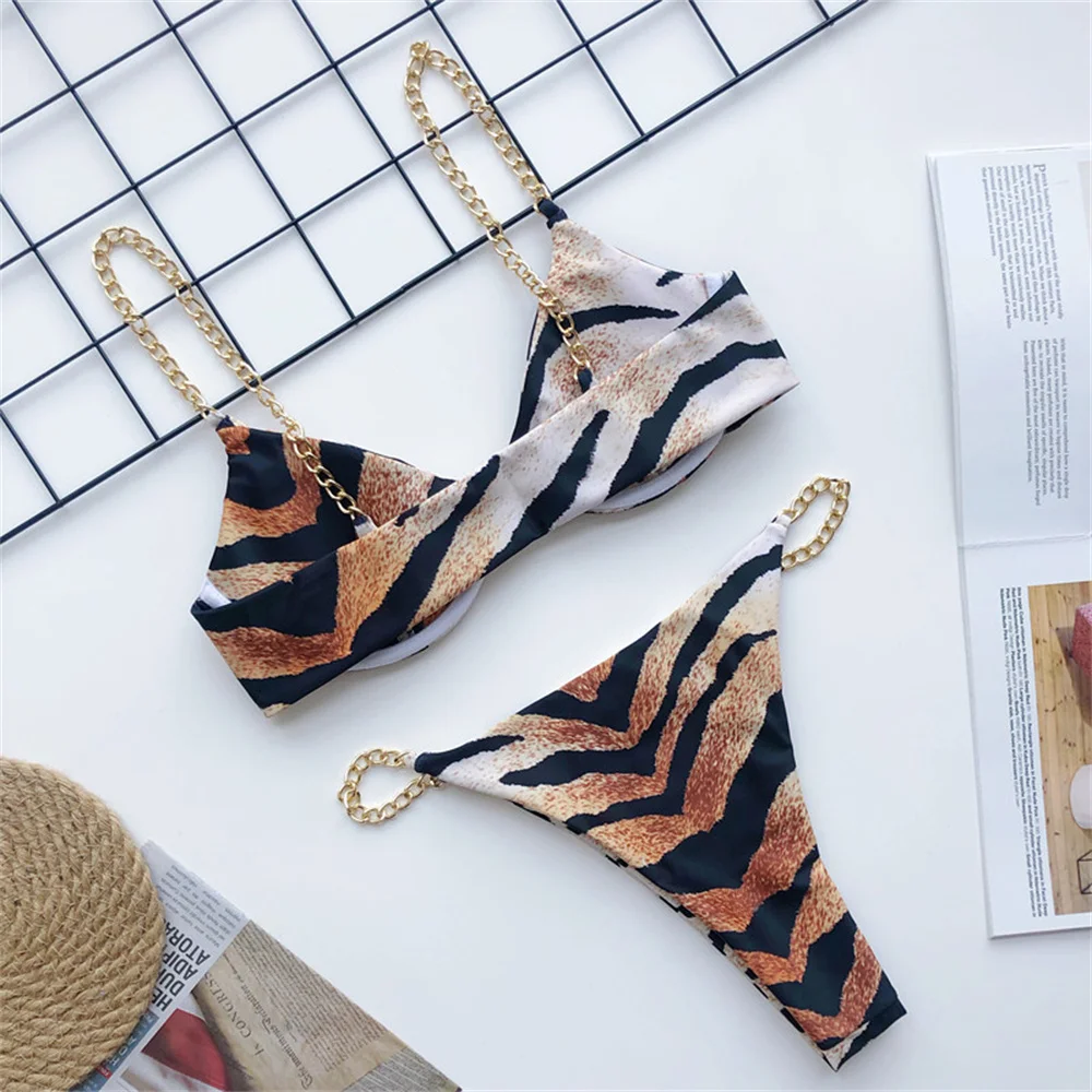 Leopard Bikini Sexy Chains Push Up Swimsuit Micro Bikinis Extreme Swimwear Women Underwire Brazilian Beach Biquinis Bathing Suit
