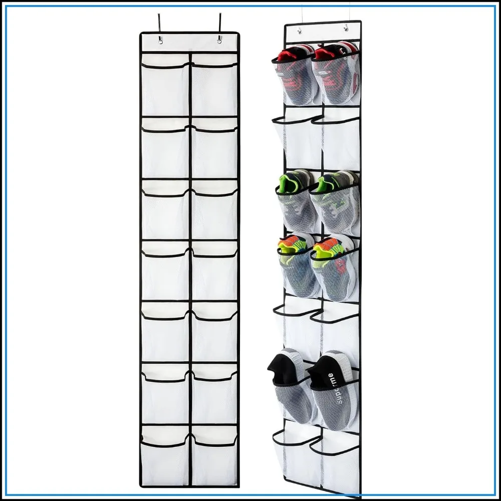 14 Pocket Over Door Shoe Organizer with 4 Hooks - Breathable Mesh Storage for Closet, Pantry, or Bathroom (2 Pack)