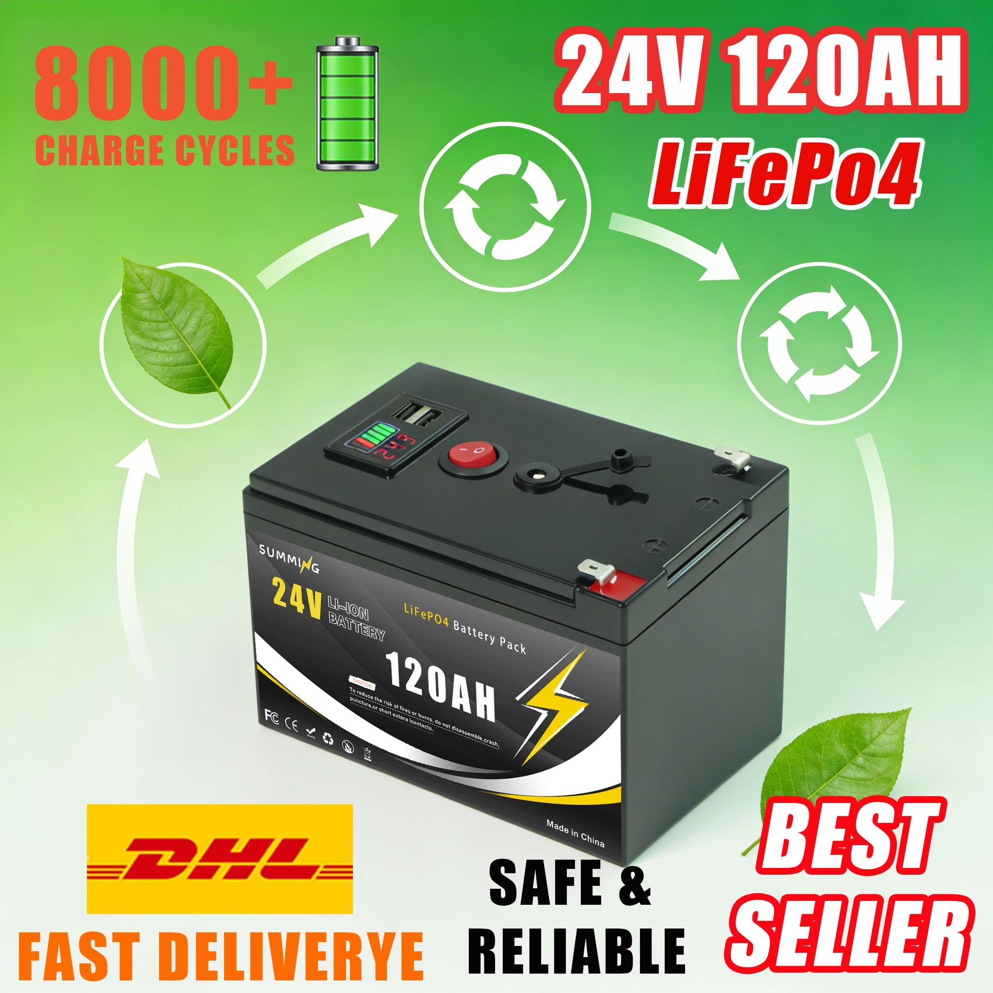

LiFePO4 BatterySolar Battery 24V 120AH Lithium with Smart BMS for Solar Energy StorageRecreational Vehicles, and Marine Use