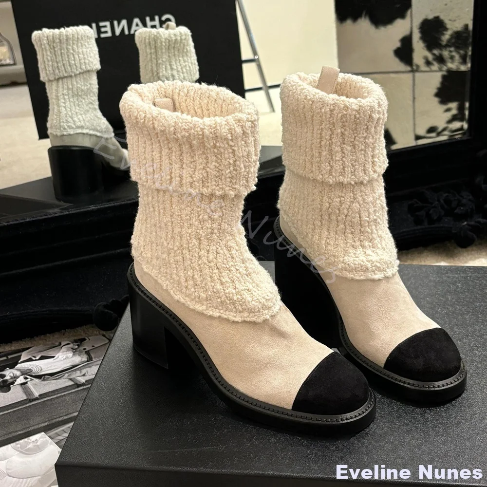 

Black White Stretch Knit Boots Women Round Toe Platform Chunky Heel Slip On Mid Calf Boots 2026 Fashion Design Short Boots