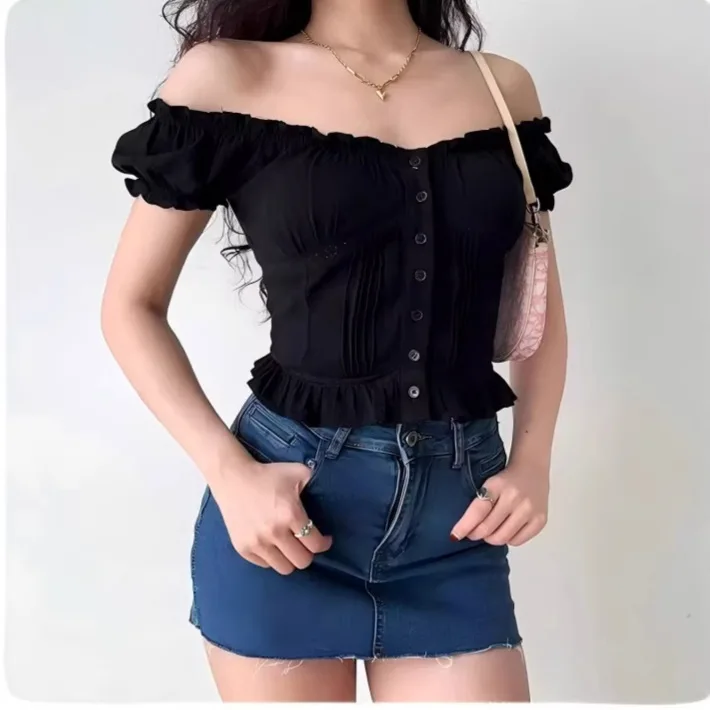 

One Shoulder Lace T Shirt Women European American Three Dimensional Cut Short Sleeved Single Breasted Versatile Slim Fit Top