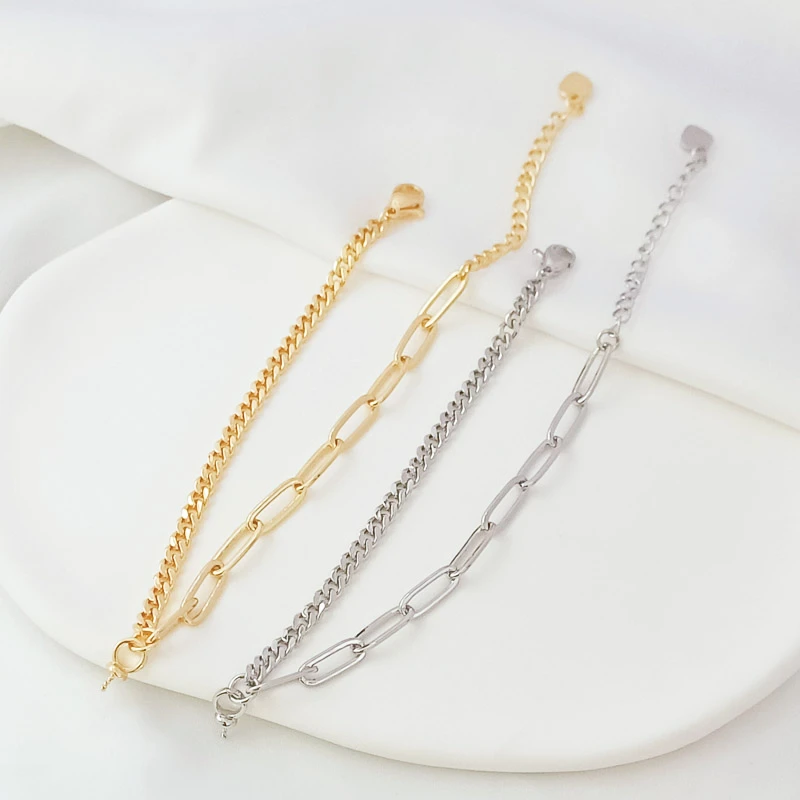 1 Piece 14K Gold White K Side Thick Chain Flat 0 Extended Tail Chain Finished Bracelet Necklace with Empty Support Fashion Chain