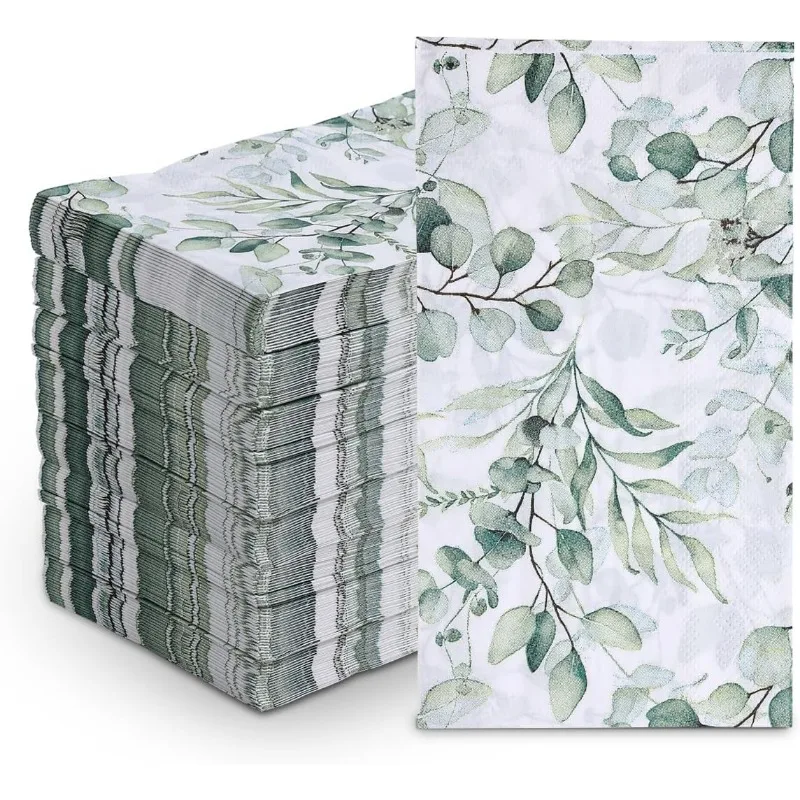 100Pcs Disposable Greenery Guest Napkins Paper Disposable Hand Towels Green Leaves Decorative Paper Dinner Hand Napkin