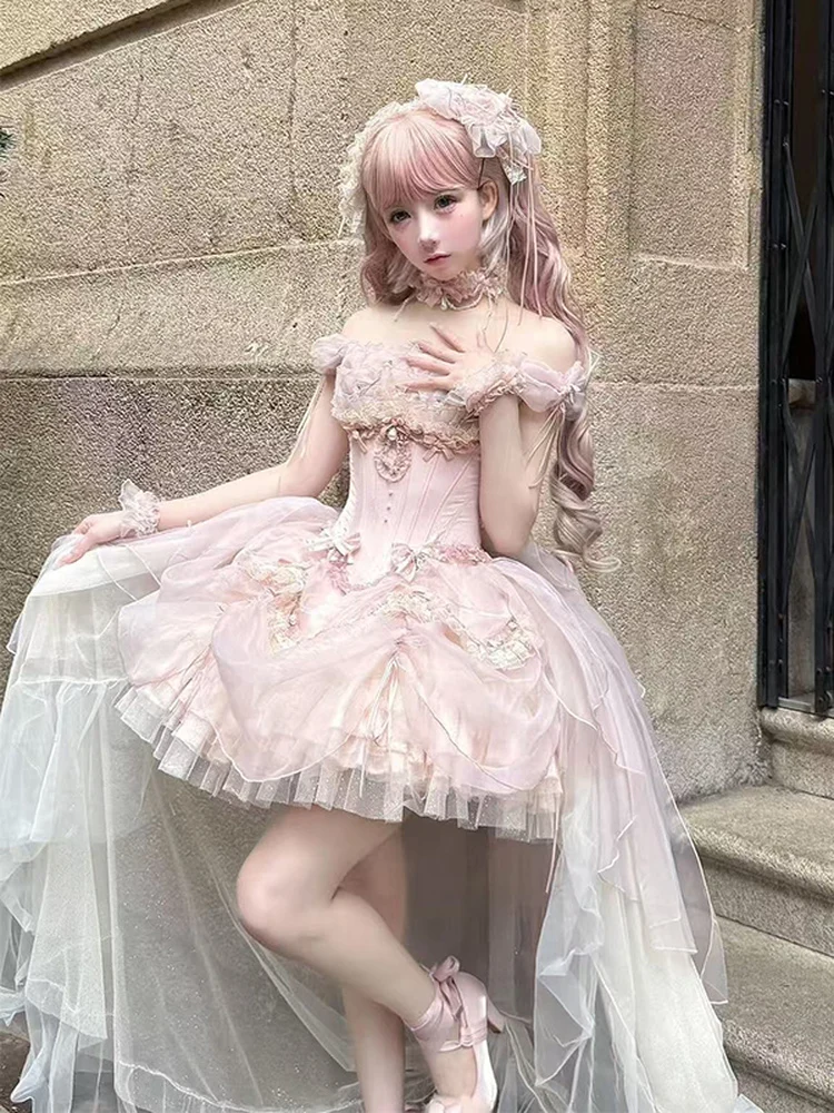 Zoete bloem bruiloft lolita roze vestido 2025, nieuwe zomer dames slanke elegante prinsessenjurk, schattige strik trailing verjaardagsjurk