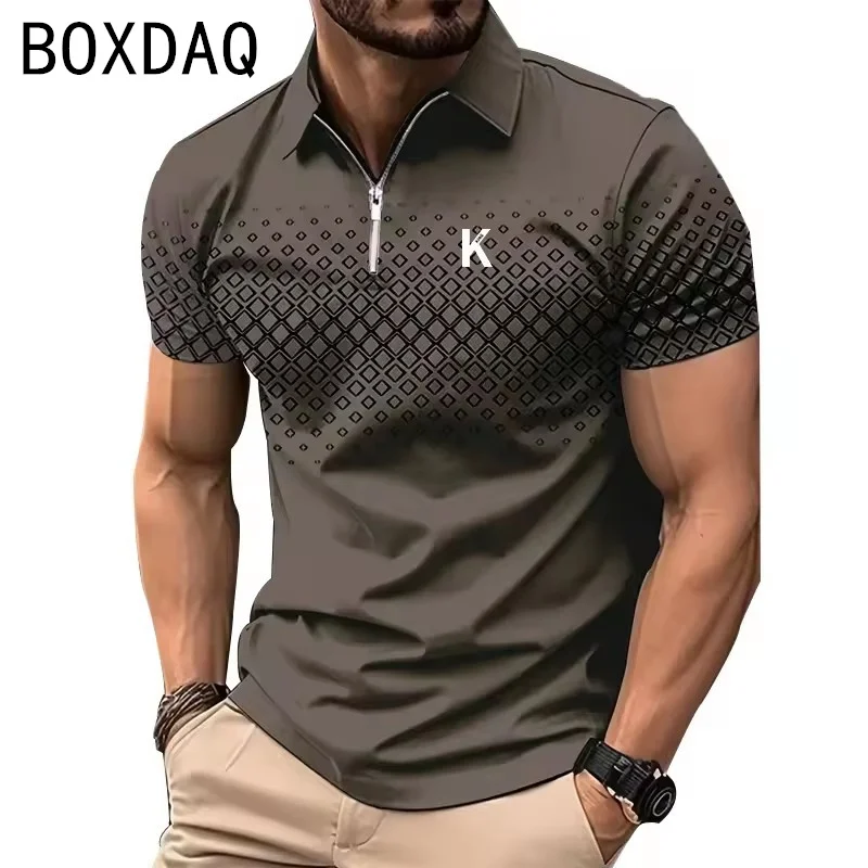 New Summer Men's Polo Shirt 3D Geometry Pattern Striped Print Casual Polos Short Sleeve Lapel Polo