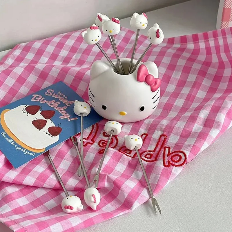 

Вилка для фруктов Hello Kitty Sanrio, симпатичная аниме вилка из нержавеющей стали с рисунком из мультфильма, с баночкой для хранения, детские игрушки, подарки для девочек
