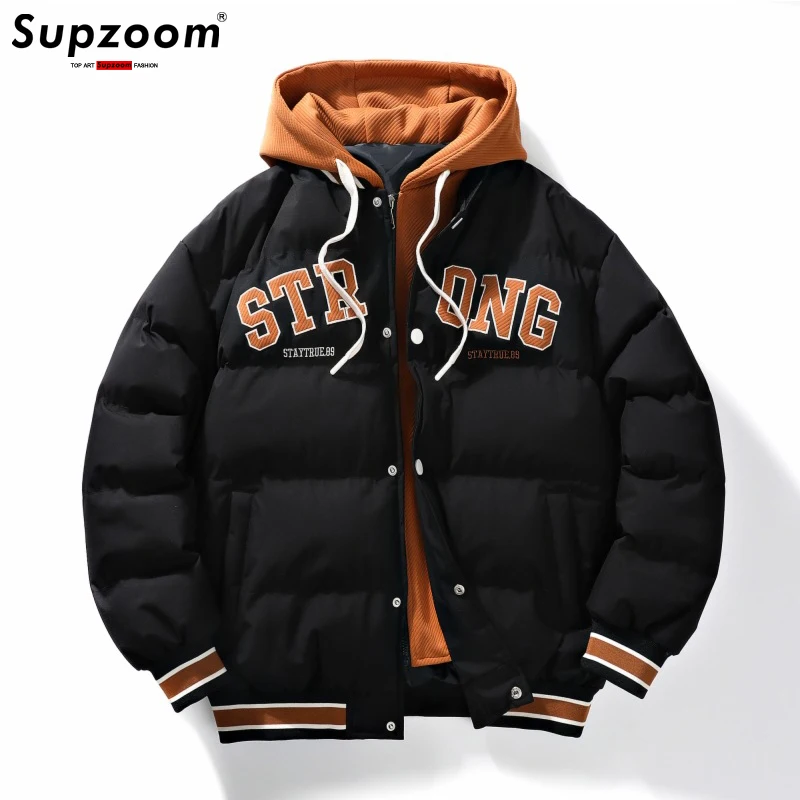 Supzoom New Arrival Casual Embroidery Mens Winter Trendy Fake Two-piece Hooded Bread Suit Couple Cotton-padded Jackets And Coats