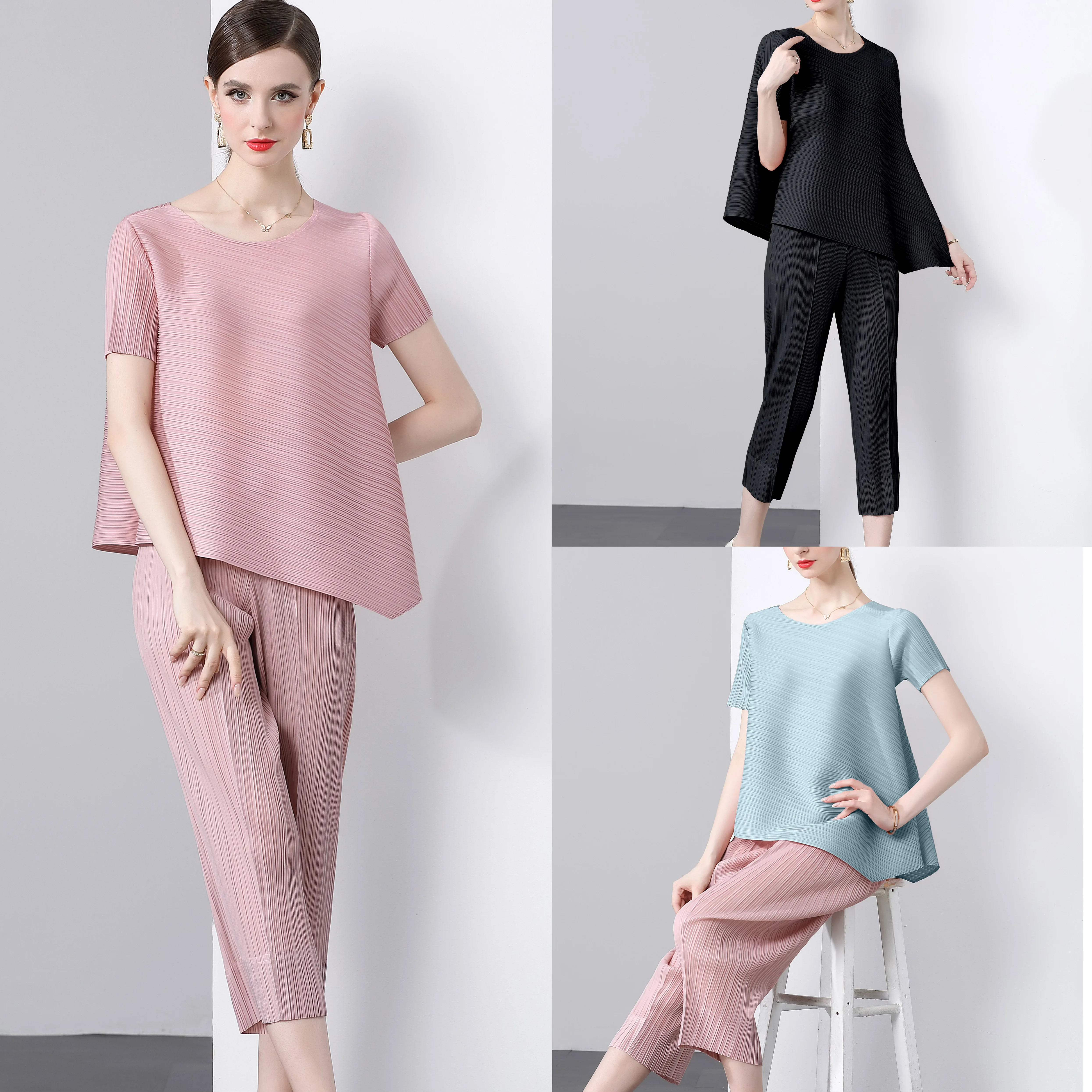 

Miyake 2024 Summer Simple Irregular Solid Color Casual Versatile Top with Wrinkles Slimming and Fashionable Nine Leg Pants Set