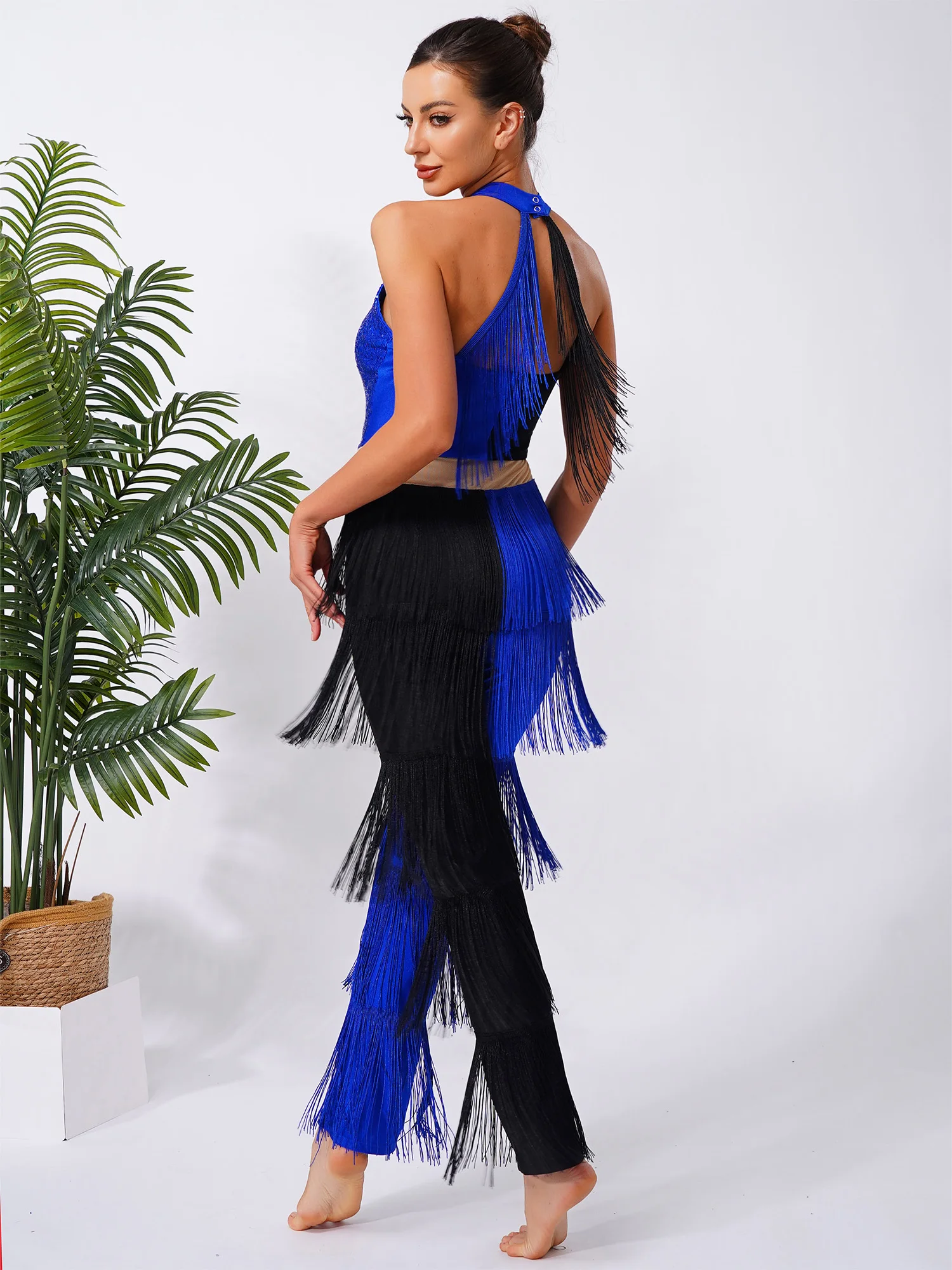 Mulheres latina 70s disco peito brilhante lantejoulas borla franja calças compridas contraste cor uma peça macacão bodysuit dancewear