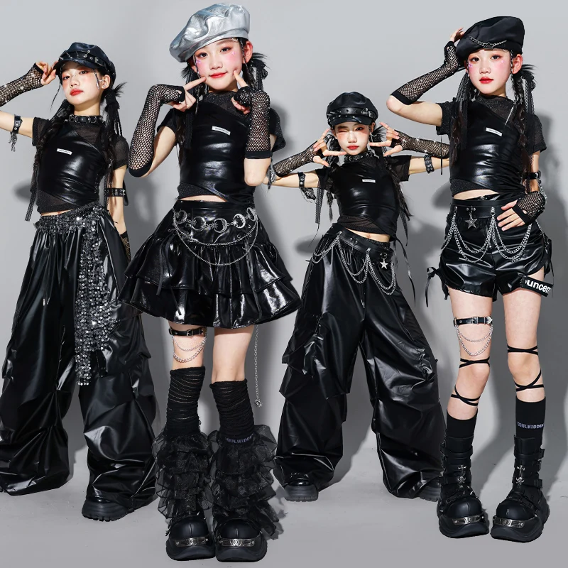 

Kids Black Hiphop Streetwear Outfits Crop Top with Loose Cargo Pants Girls Punk Style Stage Wear for Performance Photoshoot