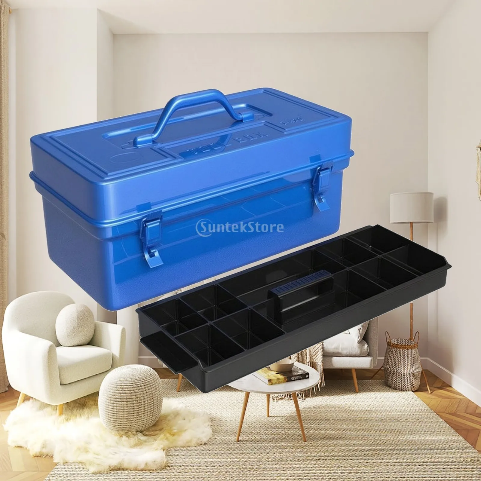 Industrial Chest Cold Rolled Steel Tool Storage Box Portable Handheld Organizer with Removable Tray for Workshop Garage Vehicle
