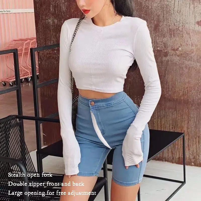 Open Crotch Outdoor Sex Pants High Waist Denim Shorts Women Summer Boyfriend Jeans Tight Sexy Peach Hip Push Up Vintage Short