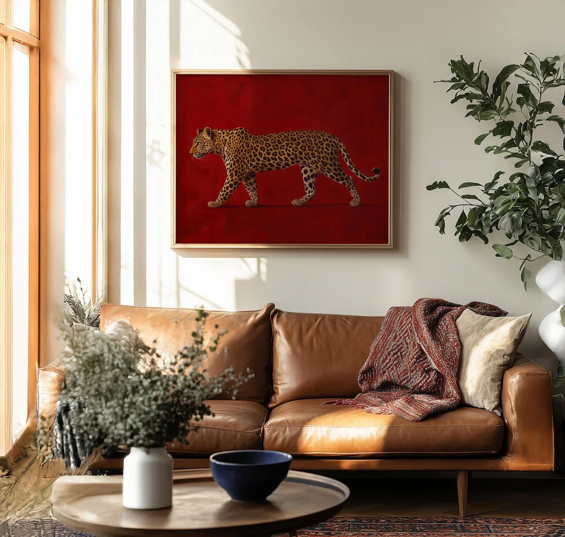 Red Leopard Oil Painting - Framed Poster, Old Money Wall Art, Burgundy Vintage Artwork, Maximalist Print, Luxe Masculine Room De