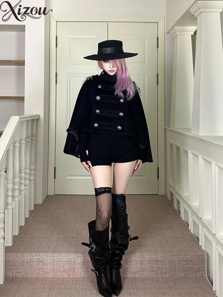 Dark Heavy Metal Button Cape Coat Fringe Epaulet Design Slim Fit Alt Subculture Cool Girl Early Autumn Winter Outerwear Ponchos