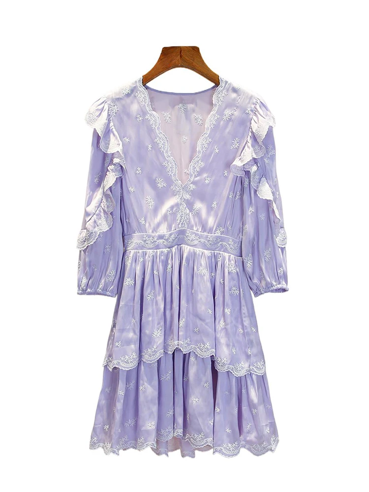 เอเล่ เฟรนช์ สเลปัก V-Ne Cake Dr กระโปรงทรงเอเอวสูงสำหรับผู้หญิงชุดลำลองฤดูร้อน