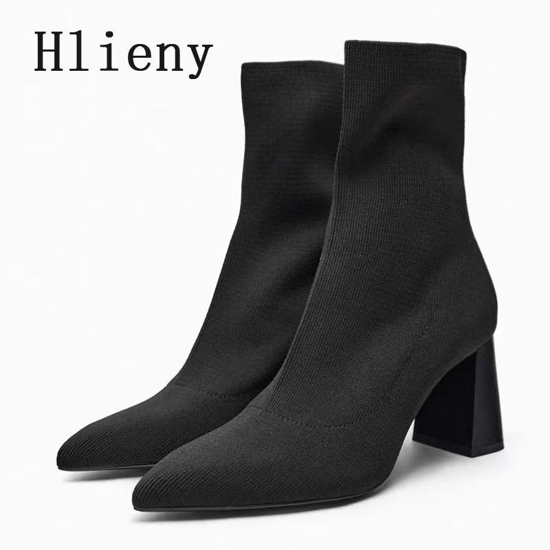 

Hlieny Fashion Knitted Stretch Fabric Socks Pointed Toe Women Ankle Boots Vintage Autumn Winter Square Heels Casual Ladies Shoes
