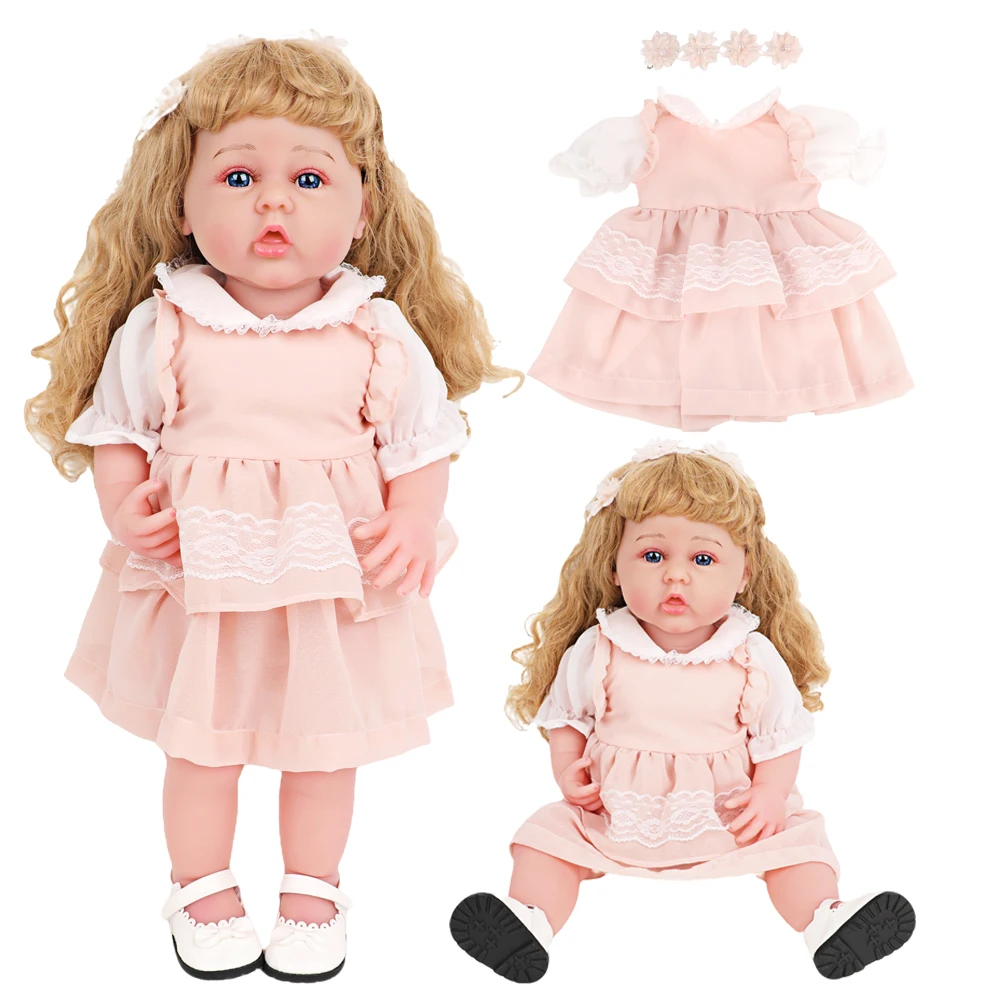 

55cm Reborn Girl Doll Skirt Set, Pink Lapel Dress + 4 Flower Hair Accessories Outfit For 22-Inch Baby New Born Dolls Cotton Toy