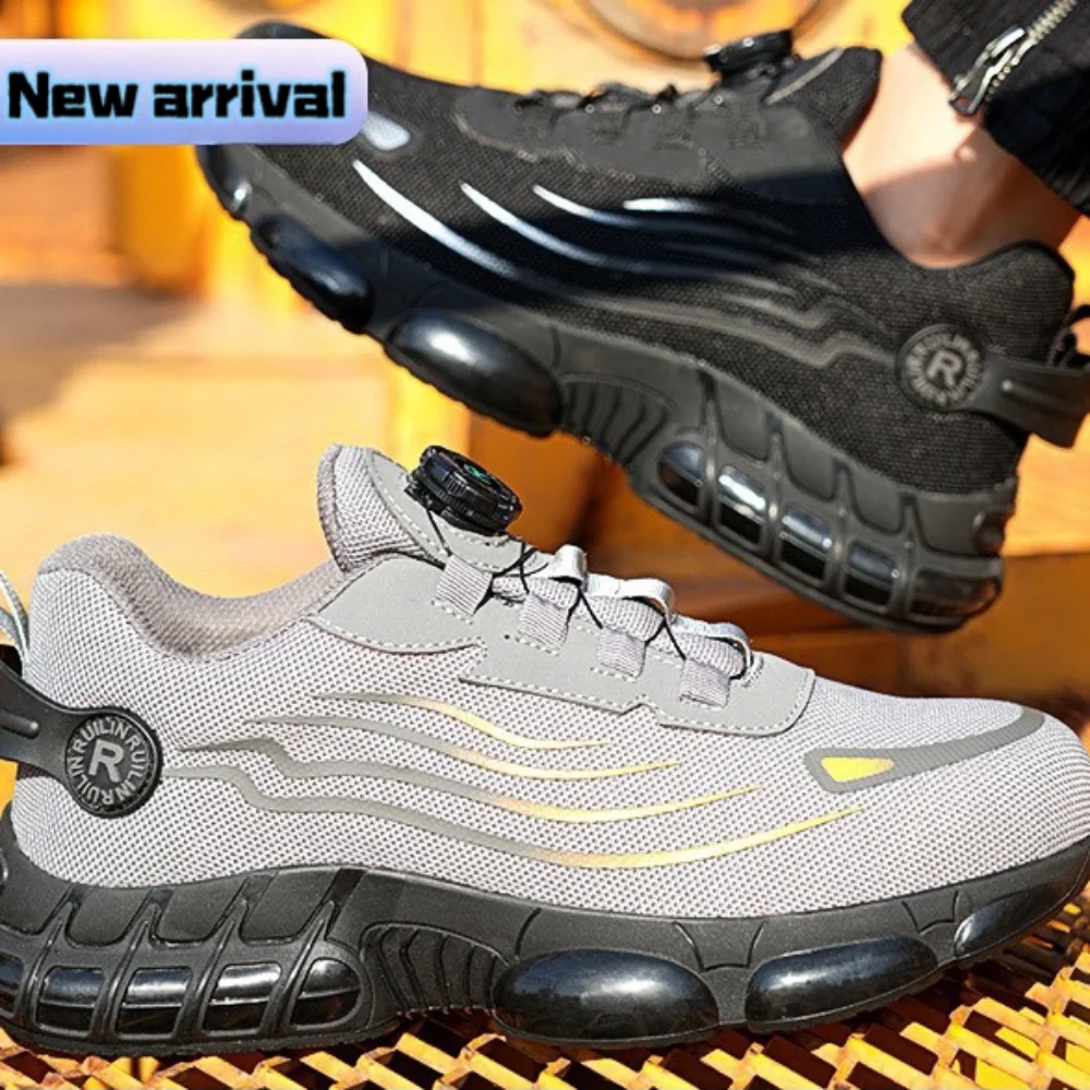Men's Rotating Button Safety Shoes Steel Toe Puncture Proof Non Slip Work Sneakers Breathable Design Durable Rotating Buckle