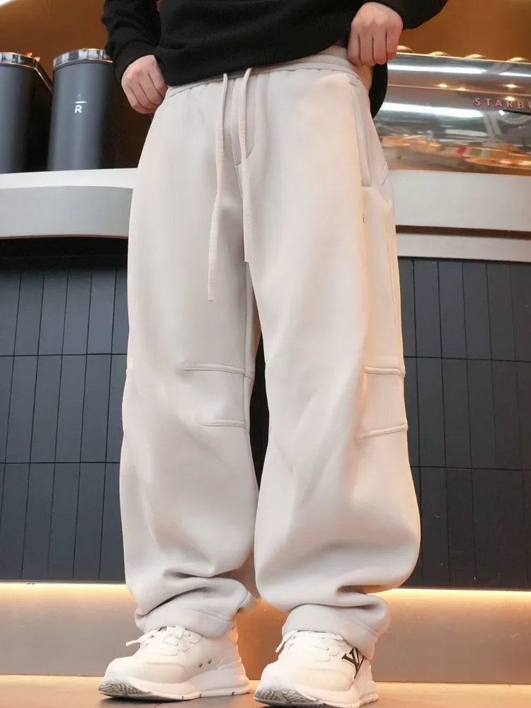 

Men's Winter Fce Lined Heavyweight Embroidered Spor Casual Trousers High Street Sle Loose Wide Leg Floor Length Pants