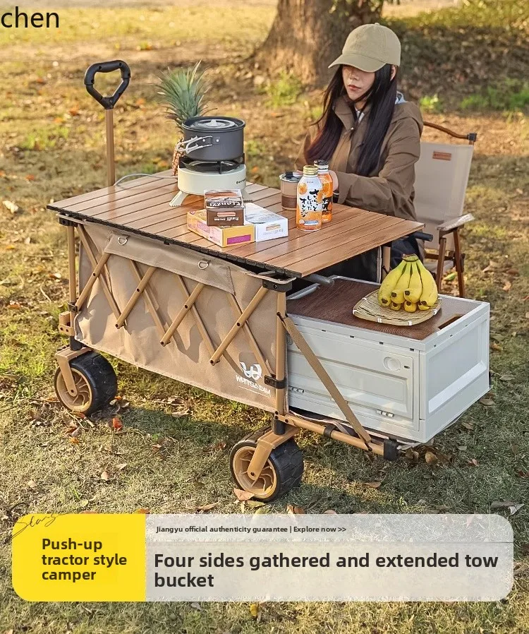 

HTT Camping Cart Outdoor Folding Picnic Stall Trailer Reclining Gathering Camp Cart