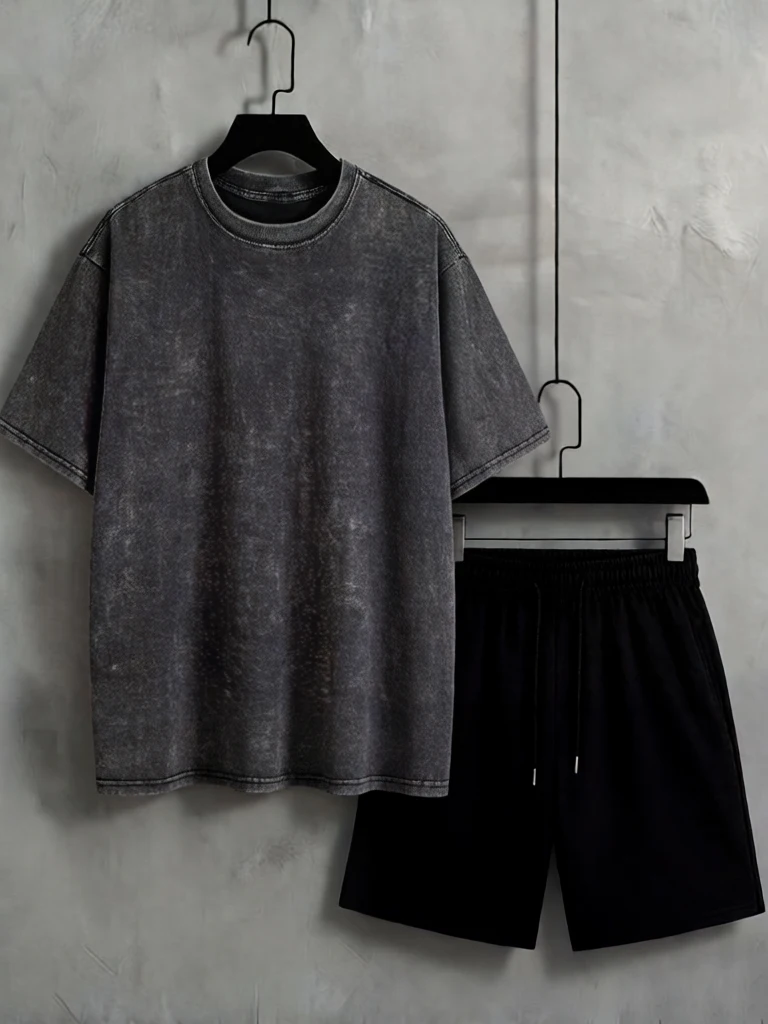 

Summer Solid Washed T-Shirts Shorts 2 Piece Set Cotton Retro Short Sleeve Casual Sport Running Pants Loose Fashion Basic Clothes