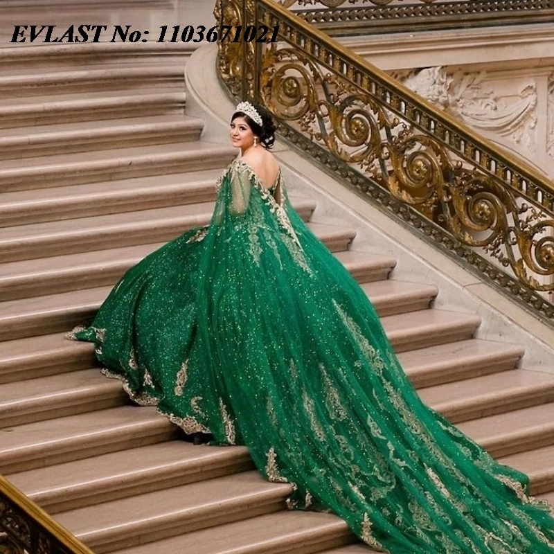 EVLAST-Vestido Quinceanera Verde Esmeralda Com Capa, Aplique De Renda Dourada, Vestido De Baile Frisado, Sweet 16, SQ5268, 2024