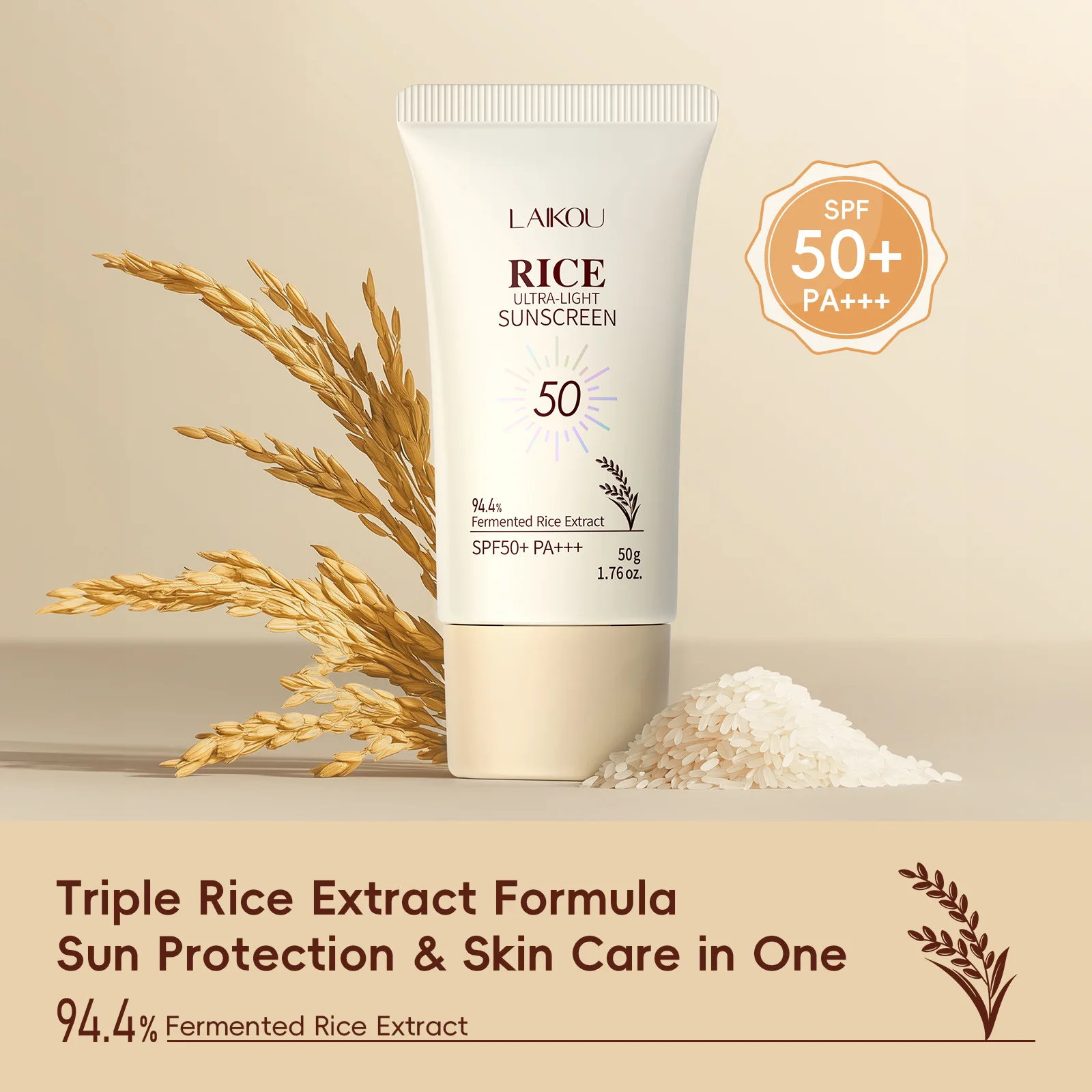 

LAIKOU Natural Rice Sun Cream SPF50+, Face Sunscreen Moisturizer for All Skin Types, Non-greasy UV Protection Water Resistant