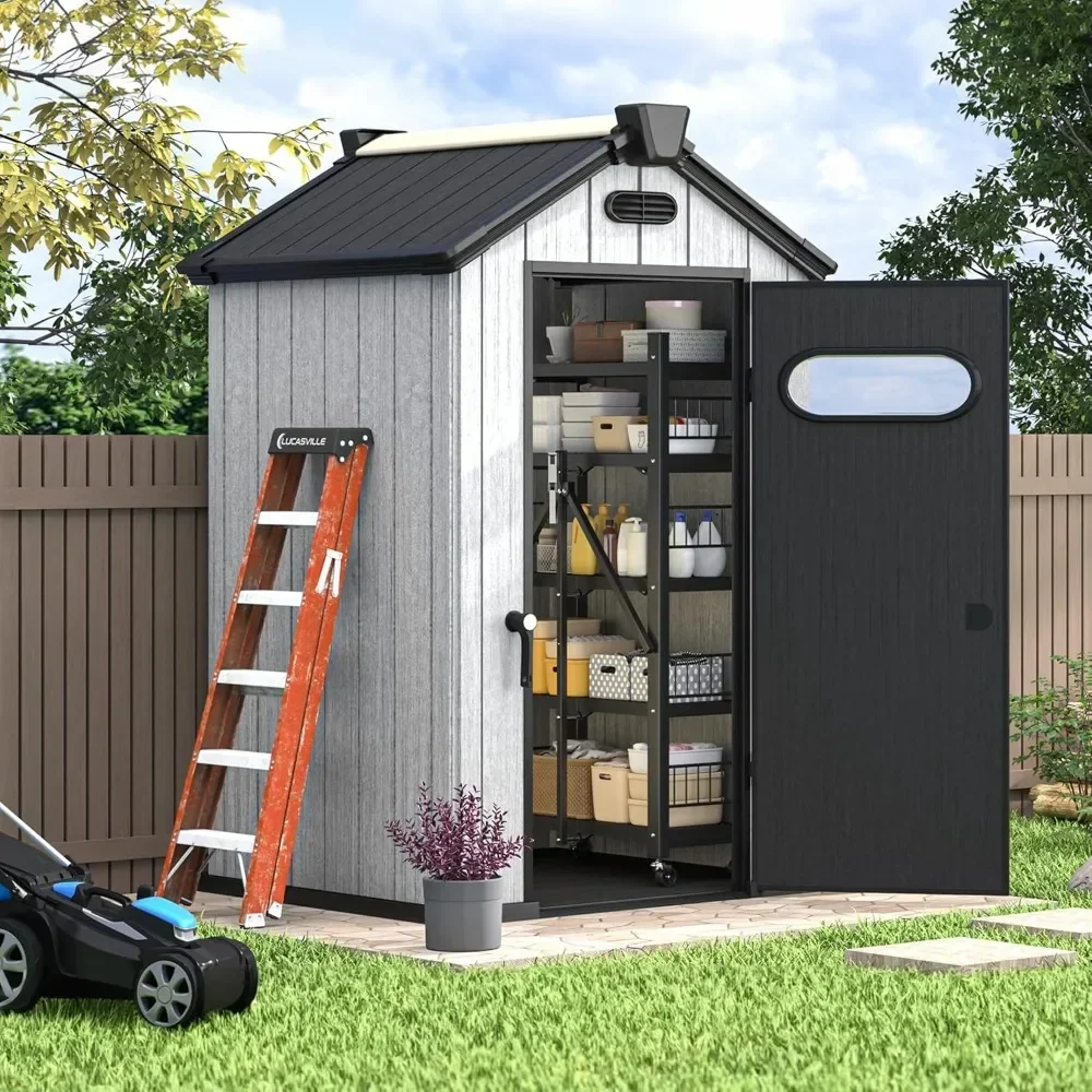 

Resin Storage shed, Weather-Resistant Outdoor Storage Solution Featuring a Floor, air Vents, Windows, skylights