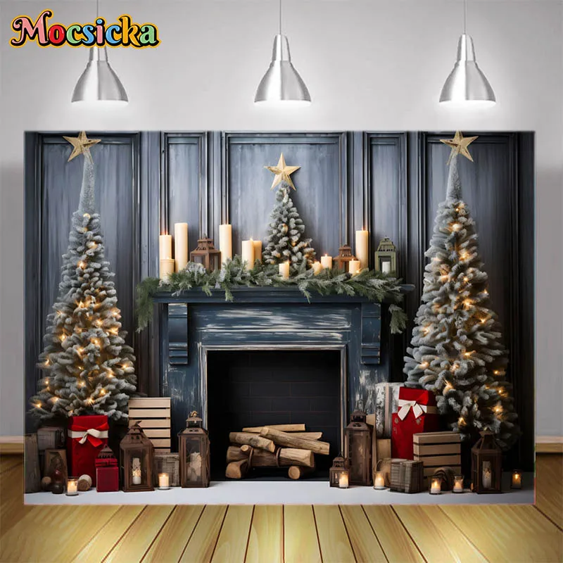 

Christmas Fireplace Photography Backdrops Firewood Candles Stars Xmas Tree Decor Backgrounds Kids Family Portrait Photo Studio