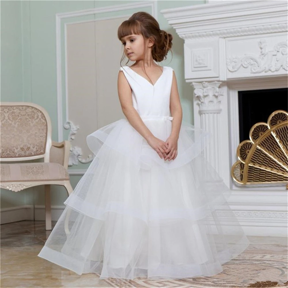 

White Sleeveless Tulle Lace Layered Backless First Communion Dresses Flower Girl Dress Princess Ball Surprise Birthday Present