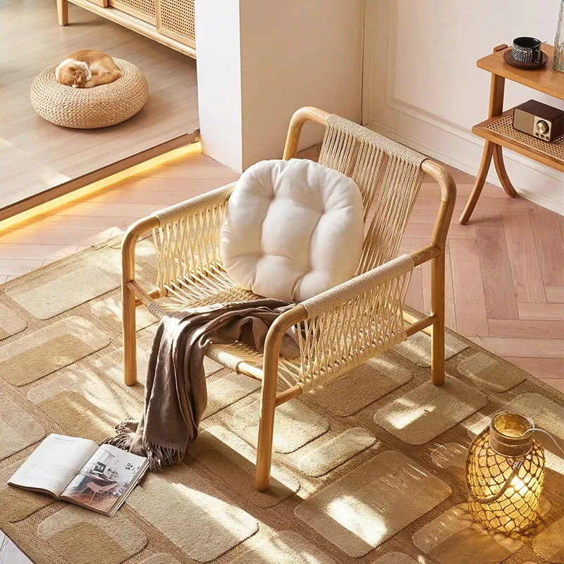 Wabi Sansan Living Room Japanese Hand-woven Ash Wood Armrest Hemp Rope Backrest Leisure Chair