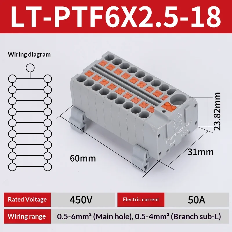 Steckbare Klemmleiste PTF6X2.5mm – Ein-Eingang, Mehrfach-Ausgang, Splicer, Spleißbare Kabelverbinder, DIN-Schienen-Anschlussdose, Elektrische Verbindung