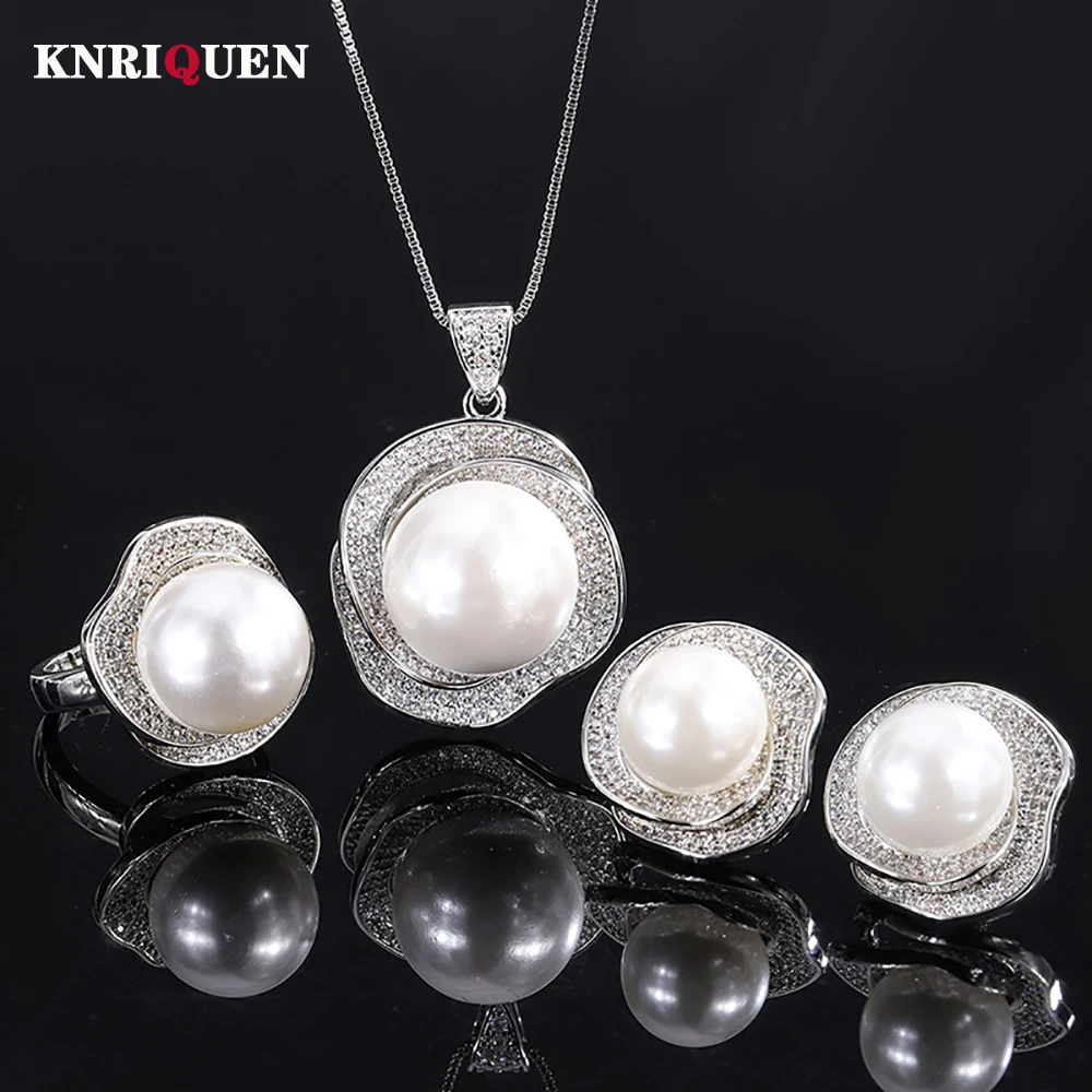 

Charms 12-16mm White Color Pearl Lab Diamond Pendant Necklace Ring Stud Earrings for Women Wedding Jewelry Sets Anniversary Gift