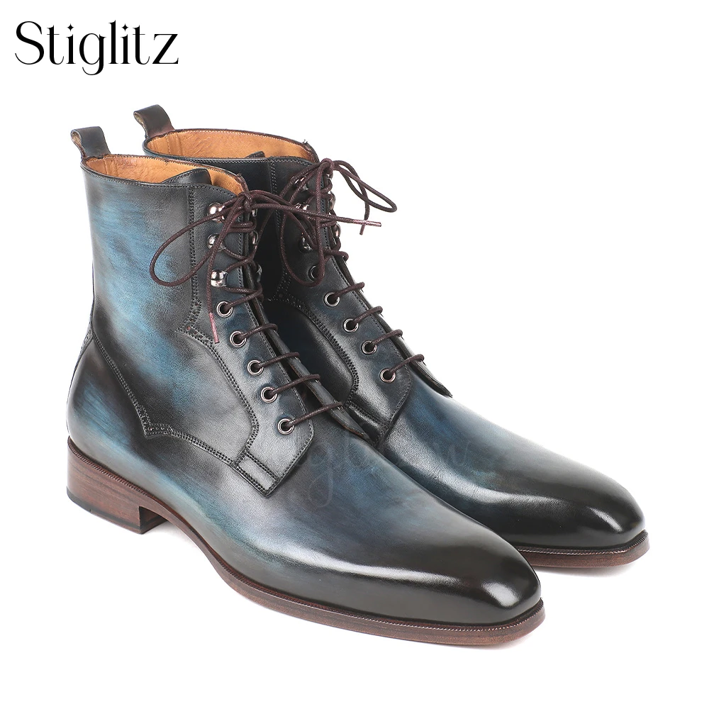 Plain Toe Lace Up Leather Booties Hand Painted Genuine Leather Booties for Men Elegant Wedding Boots Business Casual Ankle Boots