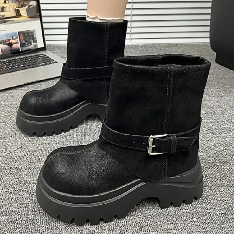 

Mid Heels Women Platform Ankle Boots Fashion Suede 2025 Winter Shoes Designer Buckle New Short Boots Casual Pumps Zapatos Mujer