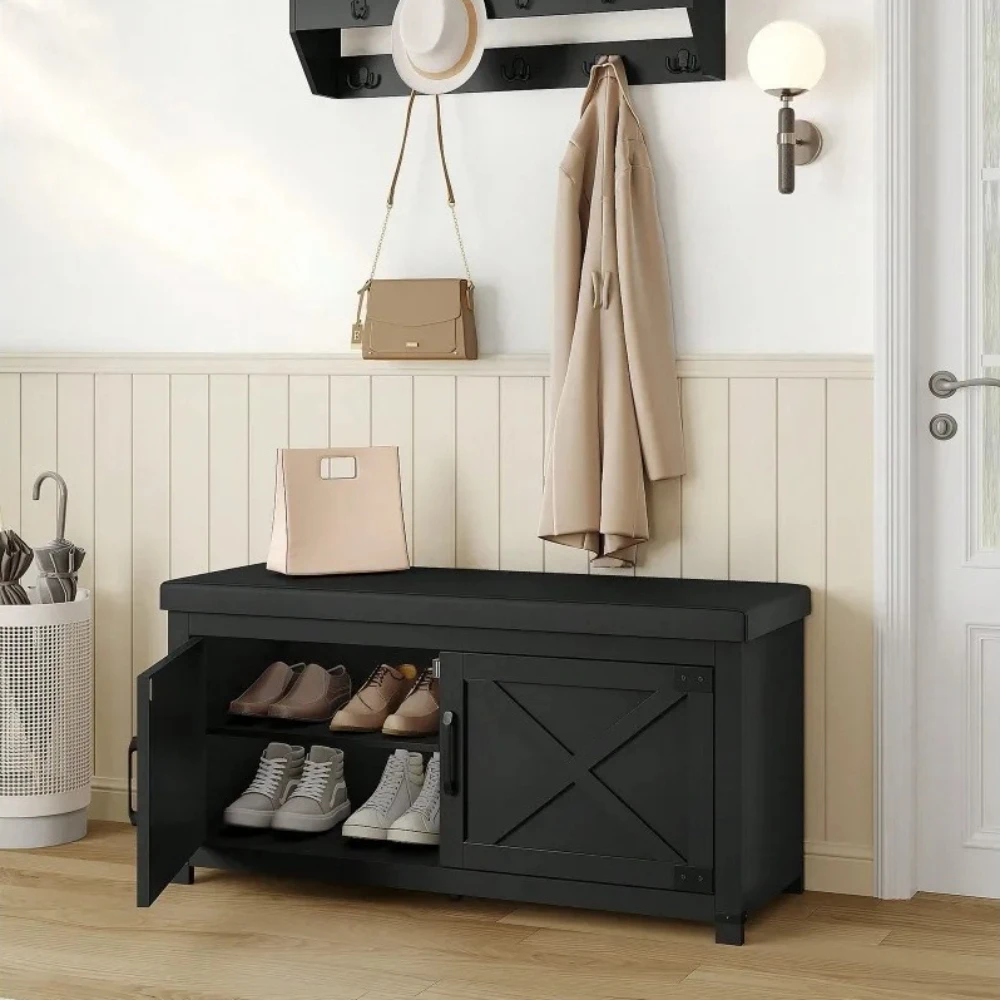 

Farmhouse Shoe Storage Bench, 2 Tier Shoe Bench With Padded Seat Cushion 2 Barn Doors, Entryway Bench With Adjustable Shelf, Sh