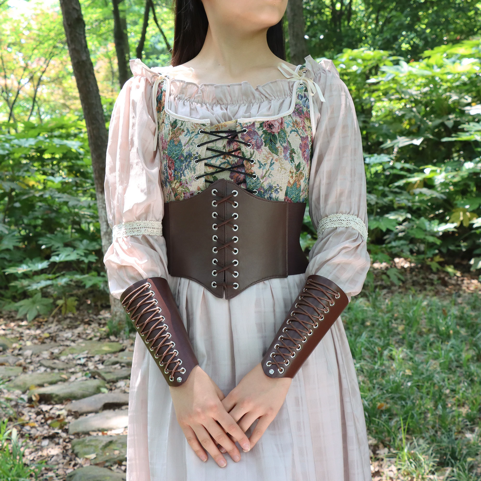Medieval Viking Pirate Female Warrior PU Leather Suit Drawstring Wristband Elastic Belt Cosplay Costume Accessories