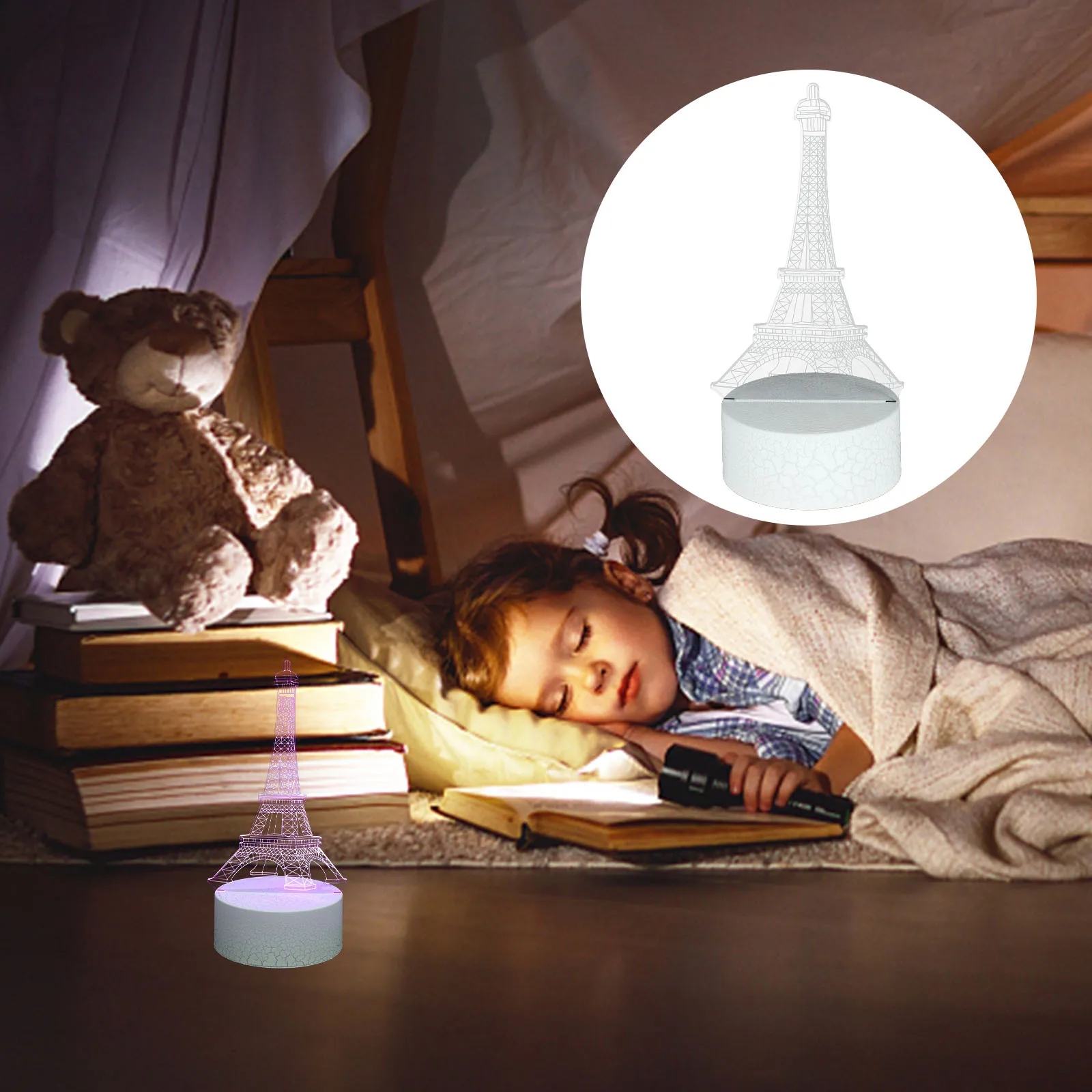 1 zestaw 1 lampka nocna 3D Mała lampka nocna Wieża Eiffla USB Lampka stołowa Ściemniana LED Prezent na lampkę