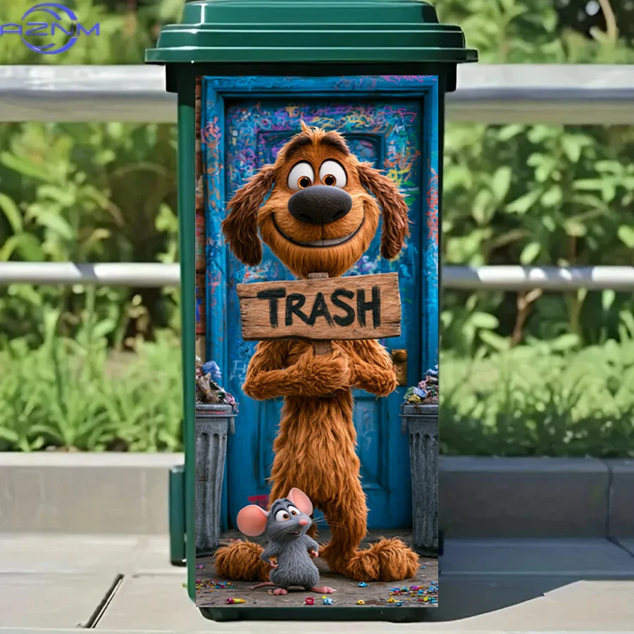 Funny Garbage Trash Can Decal Sticker - Cute Dog Mouse 