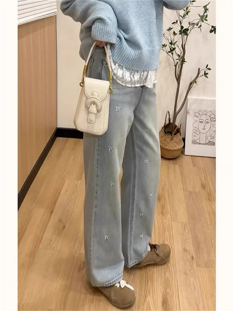 

Свободные джинсы с вышивкой, женские тонкие прямые широкие брюки с высокой талией, осенние новые брюки больших размеров для похудения