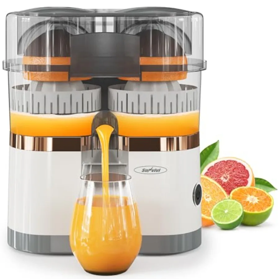 

Kitchen citrus juicer: dual-head electric orange and lemon squeezer with built-in cutter, portable ABS plastic body in white, o