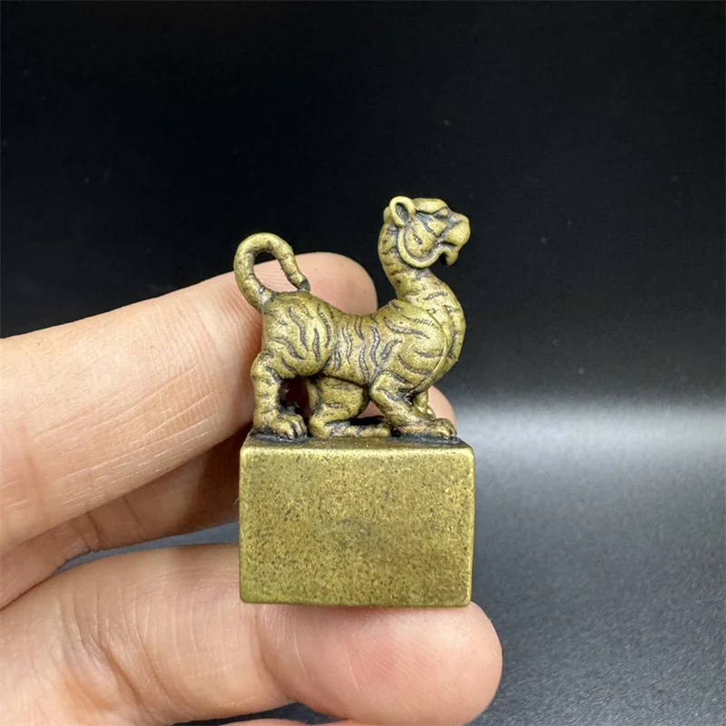 

Little Fairy/ Antique Solid Brass Tiger Seal Statue Feng Shui Auspicious Home Decorations Miniature Animal Statues Desk Crafts