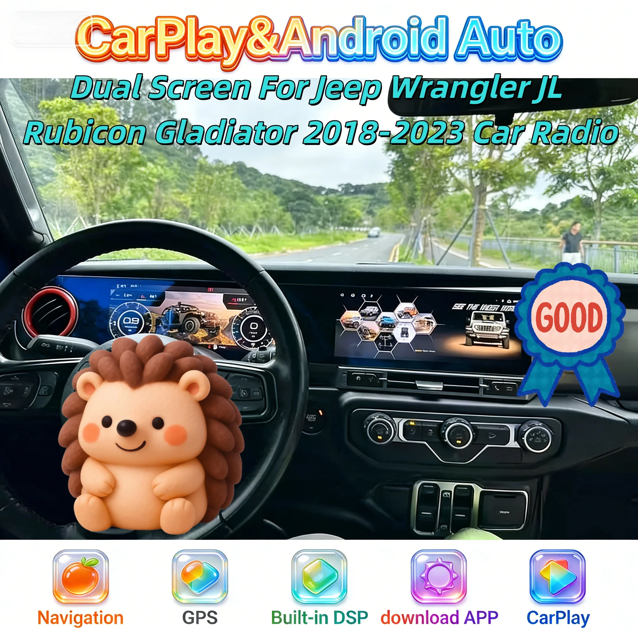 

Автомобильный мультимедийный видеоплеер с беспроводным CarPlay для Jeep Wrangler 2018-2023, Android GPS Navi 4G Bluetooth Head