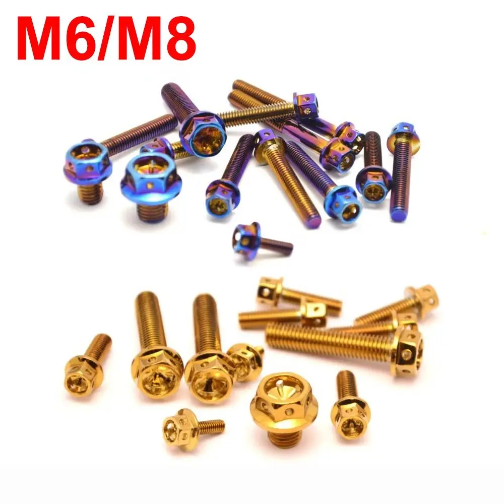 M6 M8 Titan-Schraube 10/15/20/25/30/35/40/45/50/60 Gold/Blau Gebrannt Titan-Flanschschraube mit Gebohrten Löchern Sechskant-Kopfschrauben für Motorräder